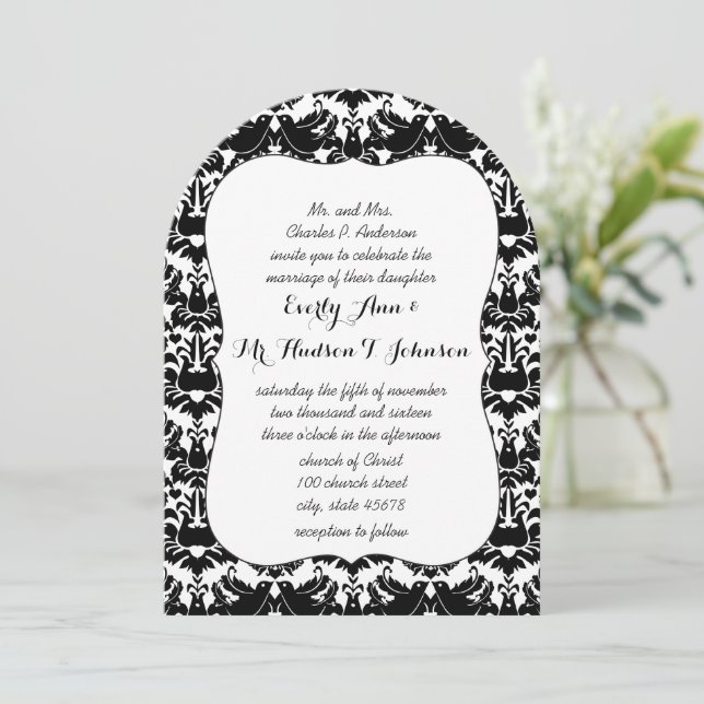 Black Lovebird Damask Wedding Inbjudningar (Stående Fram)
