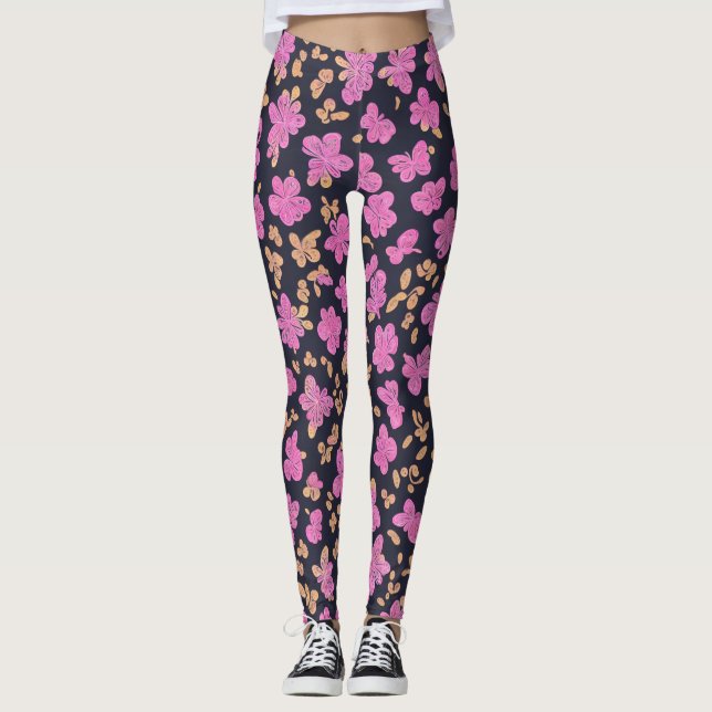 Black Lululemon Rosa Butterflies Blommigt Leggings (Framsida)