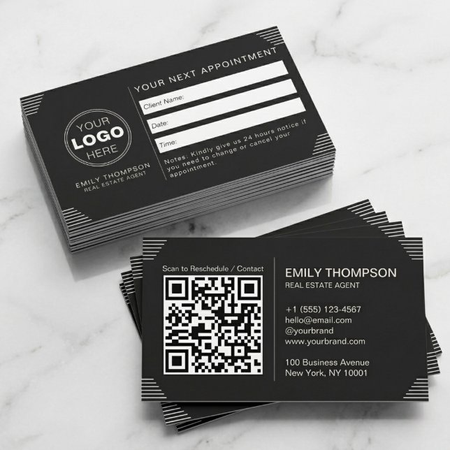 Black Luxury Art Deco QR Code Minimal Design Tidsbeställning Kort (Luxury Black QR Code Appointment Card for Real Estate Branding)
