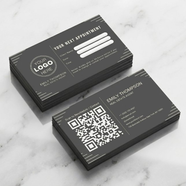 Black Luxury Art Deco QR Code Minimal Design Tidsbeställning Kort (Luxury QR Code Business Card Template | Modern Appointment Card Design)