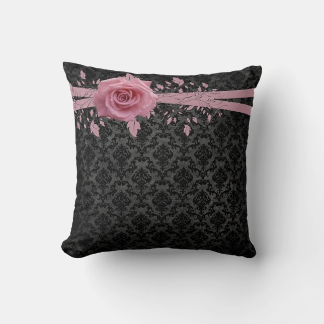 Black Luxury Damask Rosa ros Pillow Kudde (Framsida)