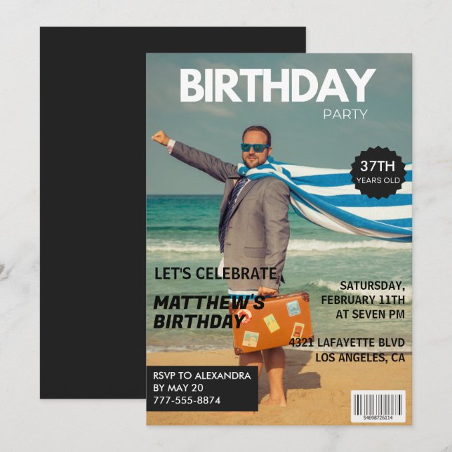 Black Magazine Humor Photo 37:e födelsedag Inbjudningar (Fram/baksida)