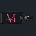 Black Magenta Rosa Monogram Script Namn Snyggt Bagagebricka<br><div class="desc">Elegant Black Magenta Hett  Rosa Monogram Script Snyggt Bag Märkre Namn</div>