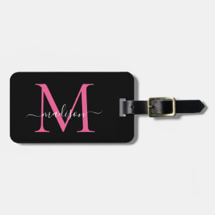 Black Magenta Rosa Monogram Script Namn Snyggt Bagagebricka
