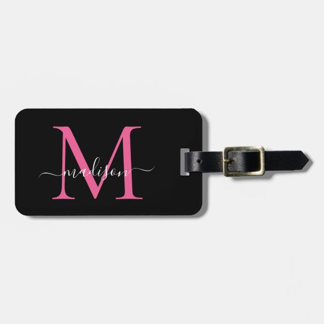 Black Magenta Rosa Monogram Script Namn Snyggt Bagagebricka (Horisontell Framsida)