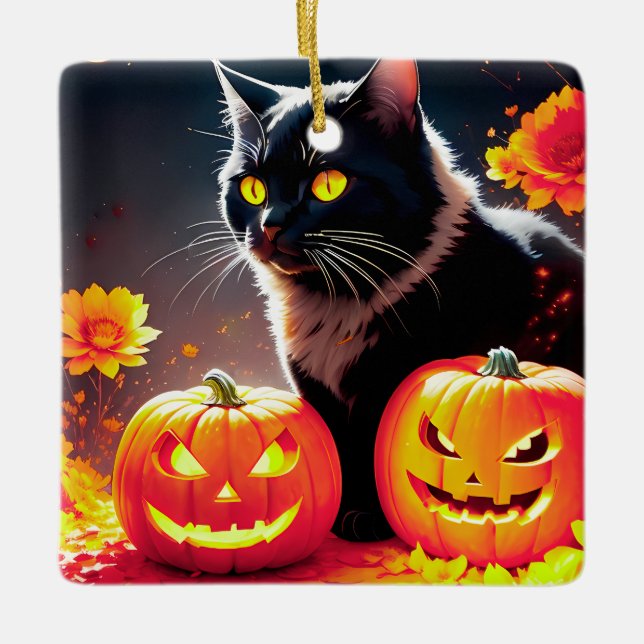 Black Magic Cat med Pumpkins Julgransprydnad Keramik (Framsida)