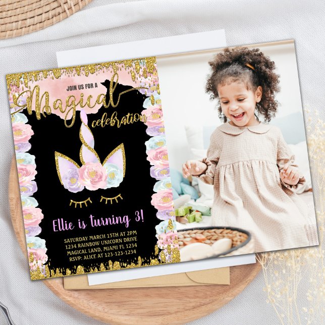 Black Magic Glitter Unicorn Birthday med foto Inbjudningar (Black Magical Glitter Unicorn Birthday w photo Invitation)