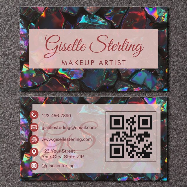 Black Makeup Artist Opal Gemstone QR-kod Visitkort (Skapare uppladdad)