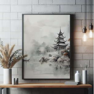 Bläck målning för Asian House och Frakt Fototryck