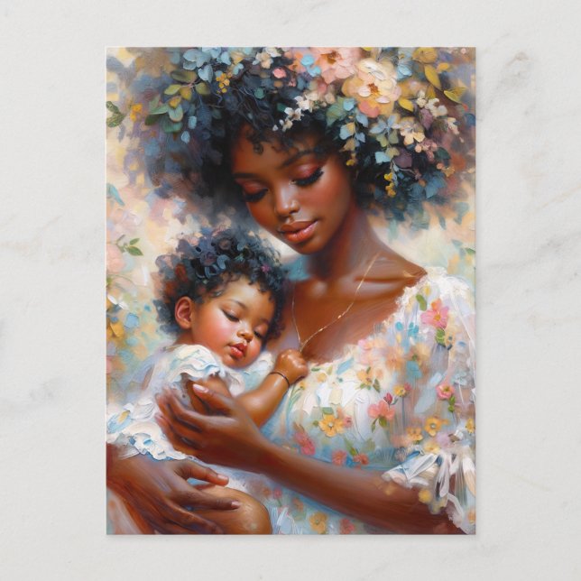 Black Mamma och Baby Dotter Blommigt Art Vykort (Framsida)