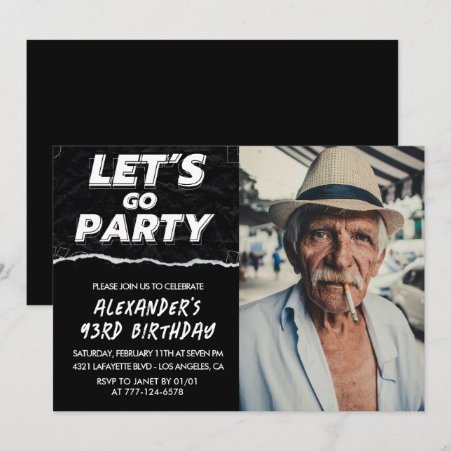 Black Manar Photo LÅT OSS GO PARTY 93-årsdagen Inbjudningar (Fram/baksida)