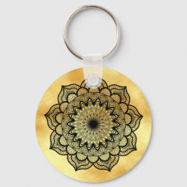 Black Mandala on Soft Gold Background Keychain Nyckelring