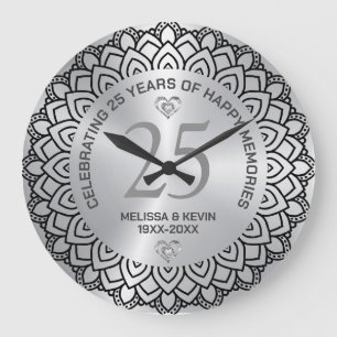 Black Mandala på Silver 25:e Bröllop-årsdagen Stor Klocka