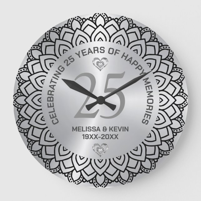Black Mandala på Silver 25:e Bröllop-årsdagen Stor Klocka (Framsida)