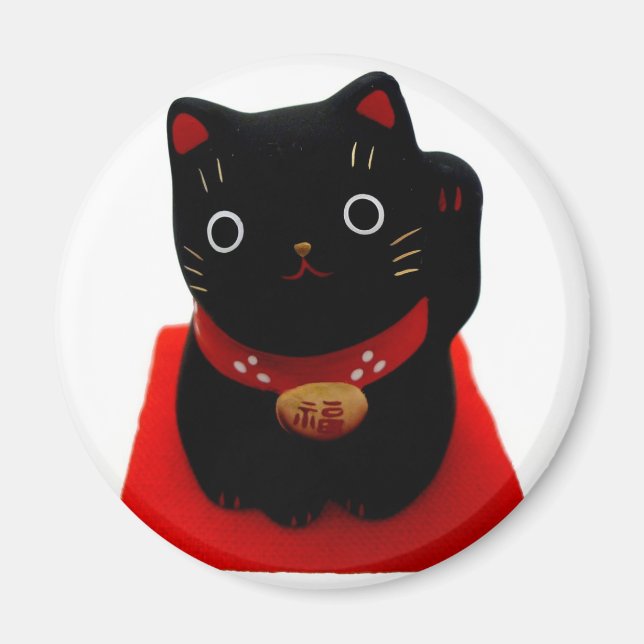 Black Maneki Neko på en röd matta Magnet (Framsidan)