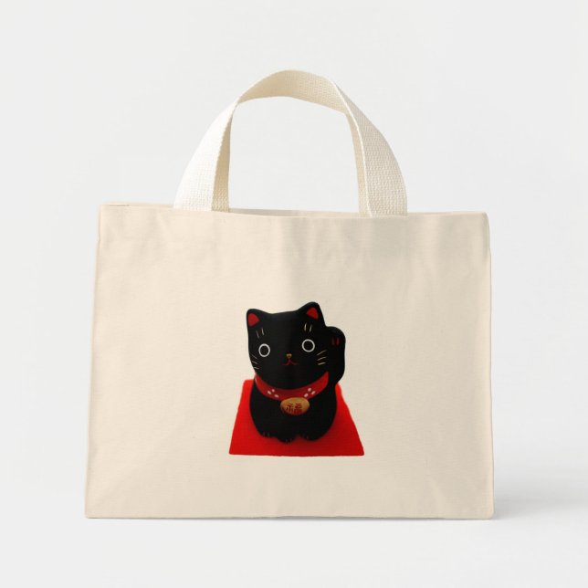 Black Maneki Neko på en röd matta Mini Tygkasse (Framsidan)