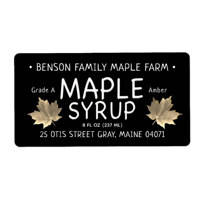 Black Maple Syrup-etikett Guld Sockerkulör Löv Fraktsedel (Framsidan)