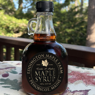 Black Maple Syrup-etikett med Guld Maple Löv Runt Klistermärke