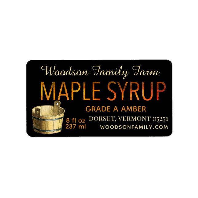 Black Maple Syrup-etikett med Guld Sap Bucket Adressetikett (Framsidan)
