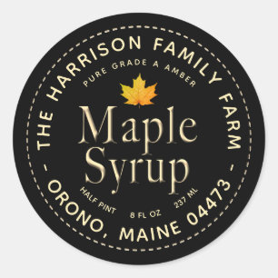 Black Maple Syrup-etikett med Guld Text och Löv Runt Klistermärke