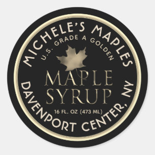 Black Maple Syrup-etikett med Metallic Guld Löv Runt Klistermärke
