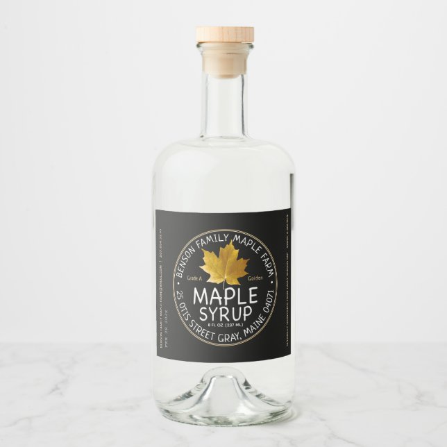 Black Maple Syrup Gult Sugar Maple Löv Spritflaskor Etikett (Framsida)
