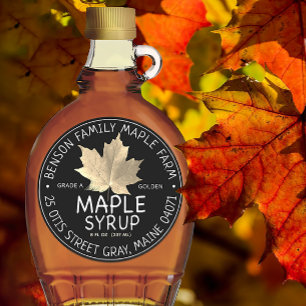 BLACK Maple Syrup Label with Sugar Maple Löv Runt Klistermärke