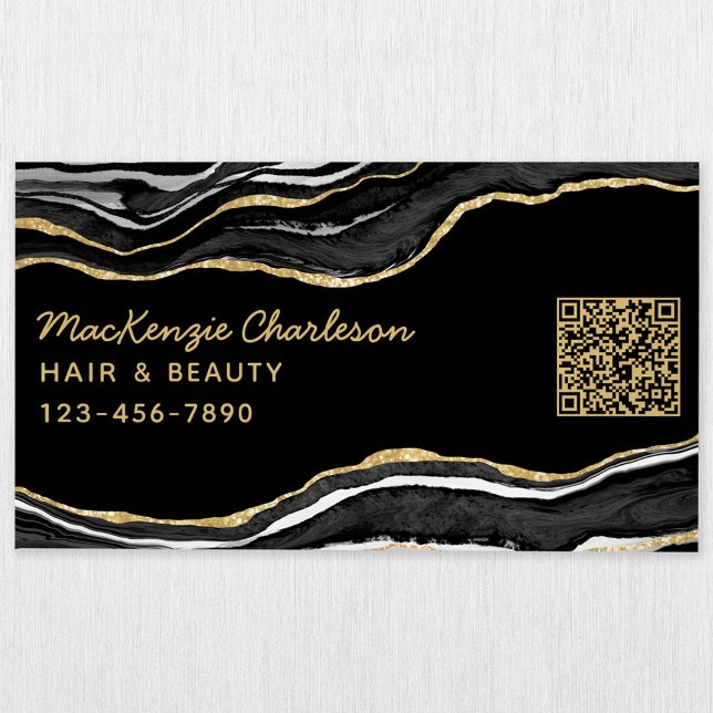 Black Marble Agate Geode Guld Glitter QR-kod Magnetiska Visitkort (Black marble agate geode gold glitter effect modern script business card magnet with QR code)