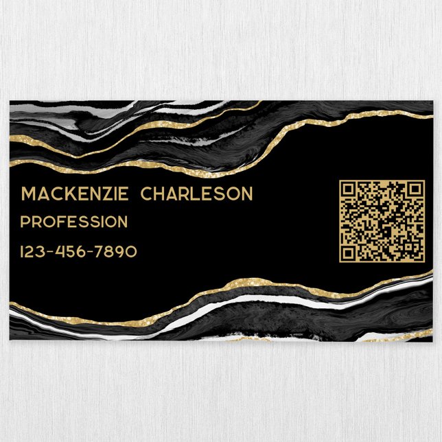 Black Marble Agate Geode Guld Glitter QR-kod Magnetiska Visitkort (Black agate marble geode gold glitter effect QR code magnetic business card)