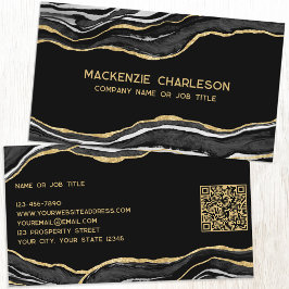 Black Marble Agate Geode Guld Glitter QR-kod Visitkort