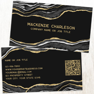 Black Marble Agate Geode Guld Glitter QR-kod Visitkort