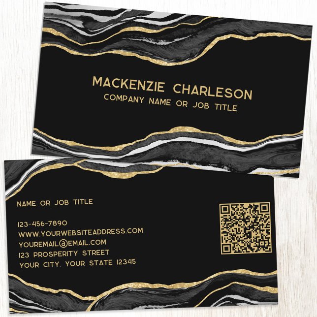 Black Marble Agate Geode Guld Glitter QR-kod Visitkort (Black marble agate geode gold glitter effect elegant business card with QR code)
