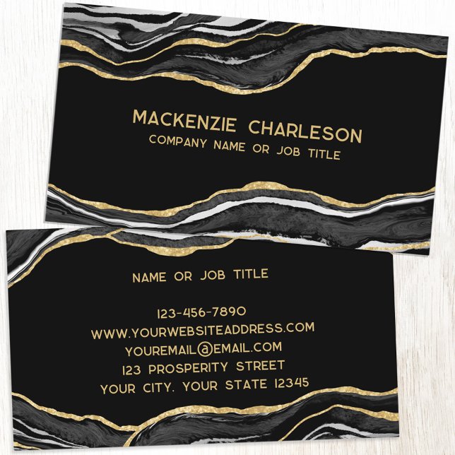 Black Marble Agate Geode Guld Glitter Visitkort (Black agate geode marble gold glitter effect business cards)