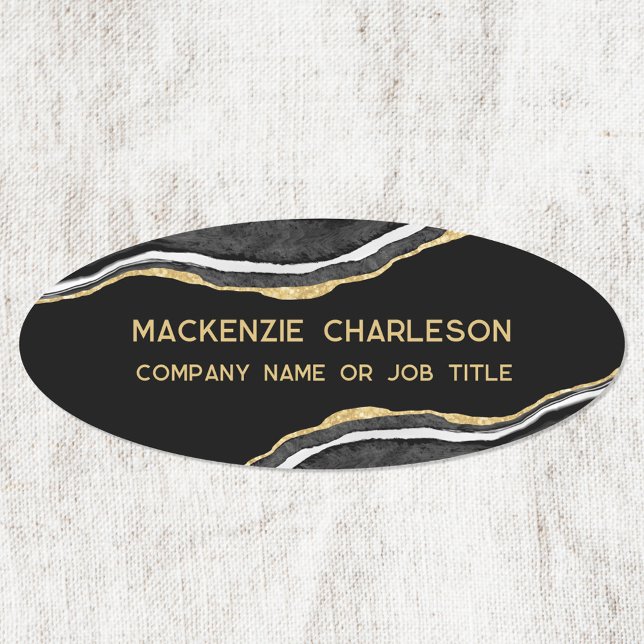 Black Marble Agate Guld Glitter Business Namnbricka (Black watercolor agate marble business name tag badge with custom text)