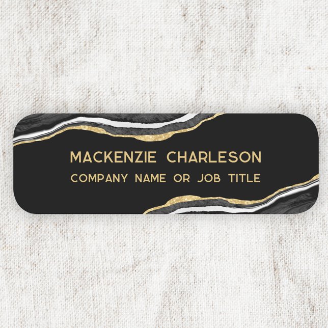 Black Marble Agate Guld Glitter Business Namnbricka (Black marble agate geode gold effect modern business name badge or tag)
