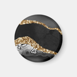Black Marble Agate Guld Glitter Magnet