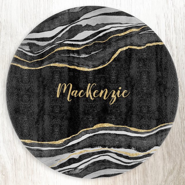 Black Marble Agate Guld Glitter Personlig (Black agate marble gold glitter effect personalized name cutting board)