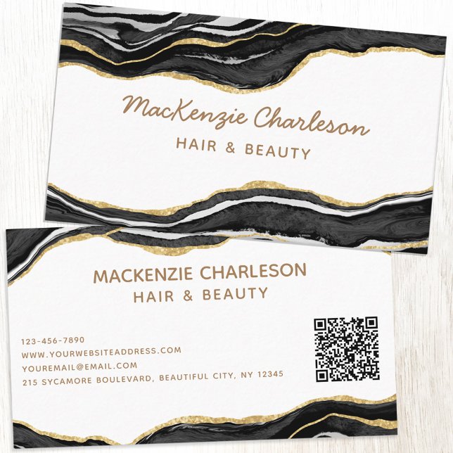Black Marble Agate Guld Glitter QR-kod Visitkort (Black and white agate marble faux gold custom business card with QR code)