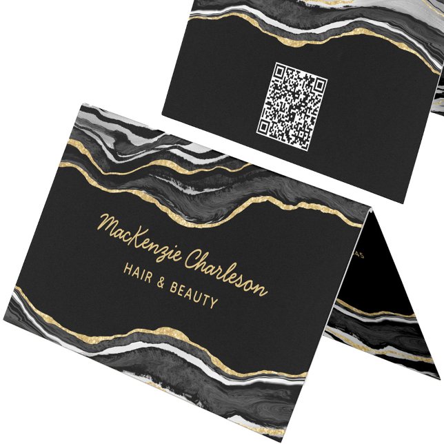 Black Marble Agate Guld Glitter QR-kod Visitkort (Black marble agate with faux gold glitter custom business card with QR code)