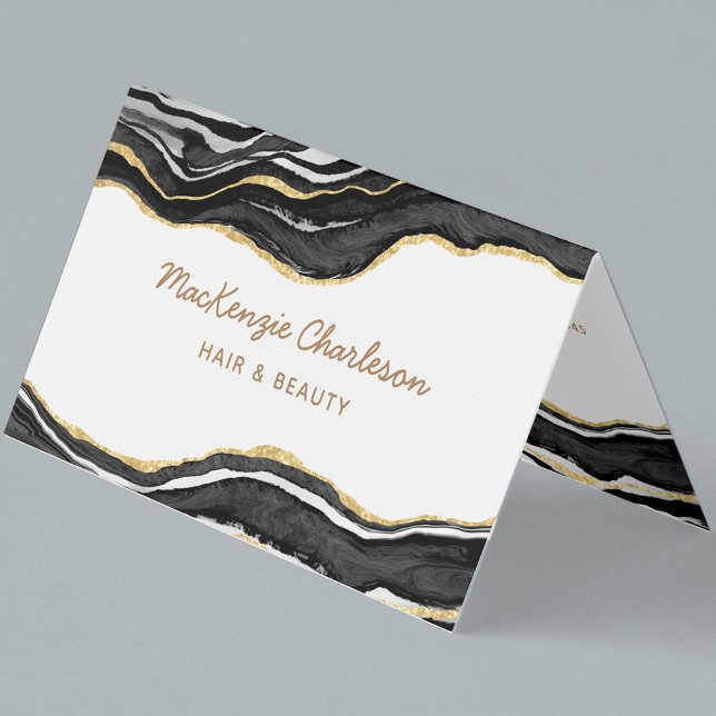 Black Marble Agate Guld Glitter QR-kod Visitkort (Black and white agate marble with faux gold glitter custom text and QR code business card)