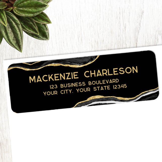 Black Marble Agate Guld Glitter Returadress Etikett (Black gold marble agate geode professional return address label)