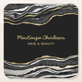 Black Marble Agate Guld Glitter Underlägg Papper Kvadrat