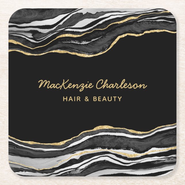 Black Marble Agate Guld Glitter Underlägg Papper Kvadrat (Framsidan)