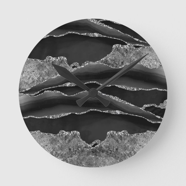 BLACK MARBLE AGATE SILVER GLITTER GLAM RUND KLOCKA (Framsida)