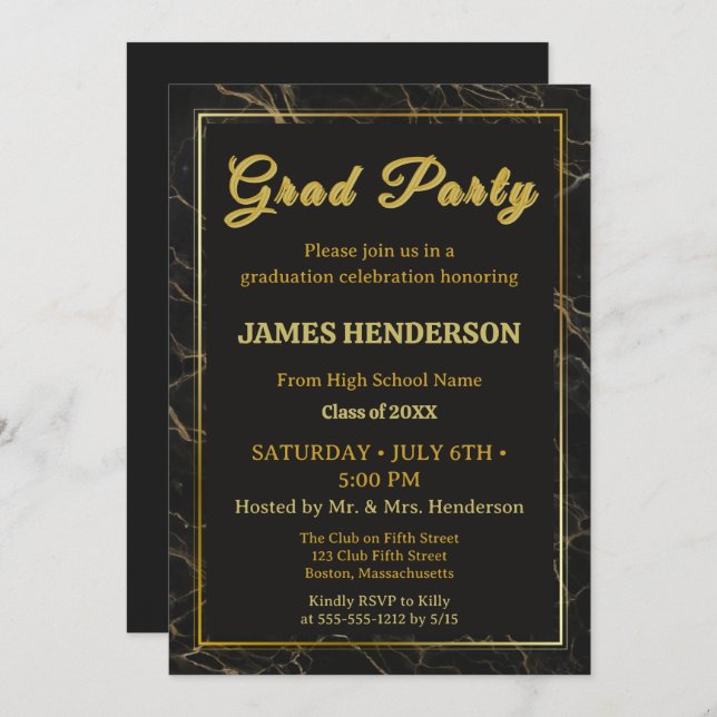 Black Marble Calligraphy Studentfest 2025 Inbjudningar (Fram/baksida)