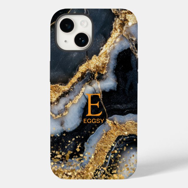 Black marble chic gold glitter monogram (Baksida)