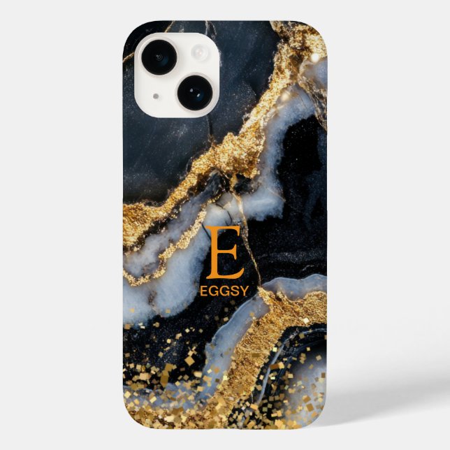 Black marble chic gold glitter monogram (Baksida)