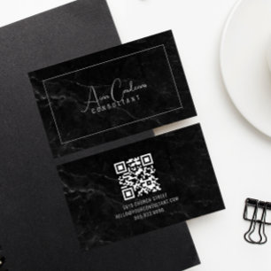 Black Marble ElegantScript QR CODE Black and White Visitkort