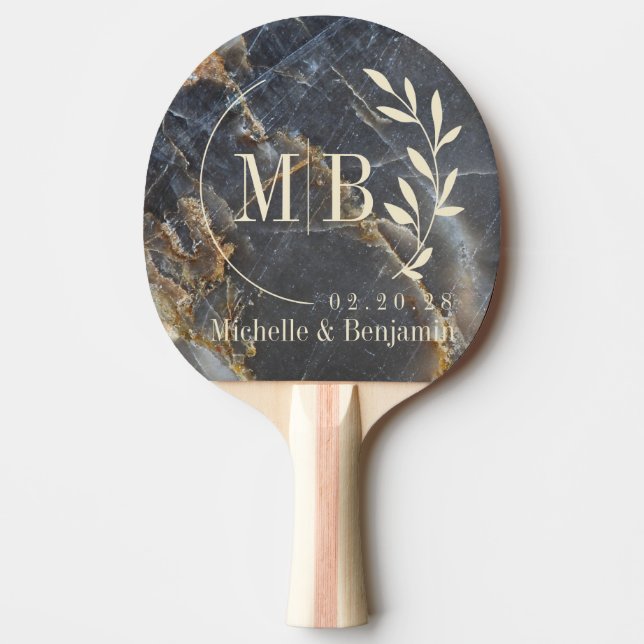 Black Marble & Gold Stone Leaf Wedding Monogram Pingisracket (Framsidan)