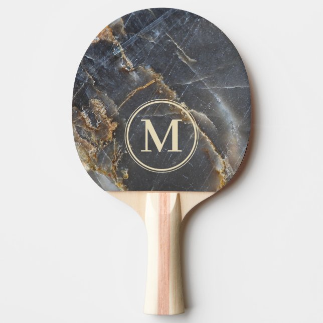 Black Marble & Gold Stone Stone Monogram Pingisracket (Framsidan)
